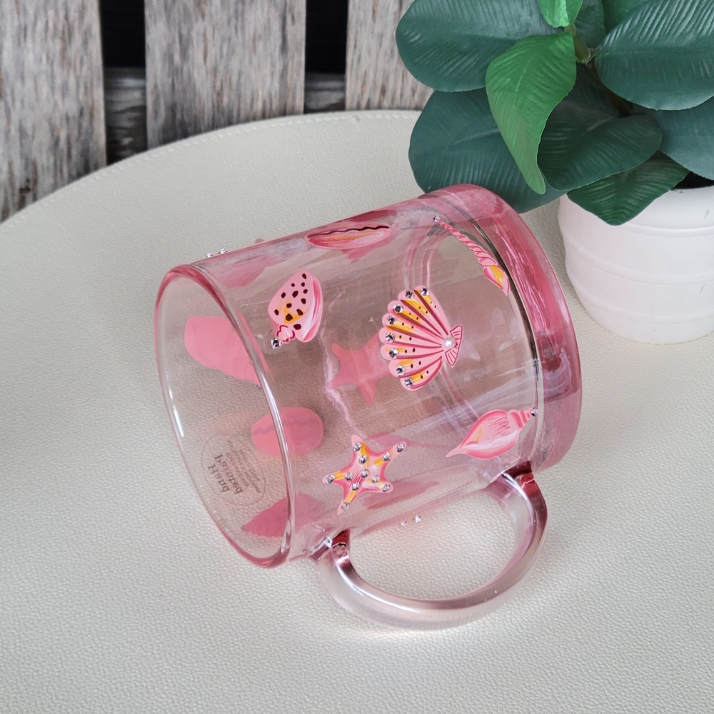 Seashells & Rhinestones Handpainted Pink Transparent Glass Mug - Picture 10 of 11